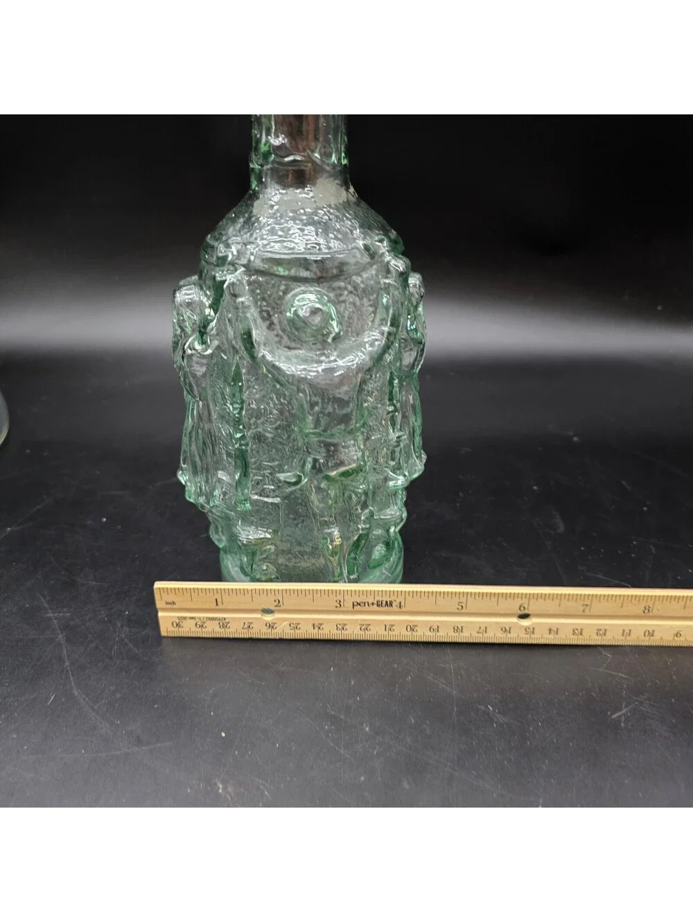 Vintage Spanish Green Glass Decanter Bottle w/ Stopper 3D Dancing Musicians 11.5